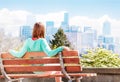 Young woman in Seattle park look at downtown Royalty Free Stock Photo