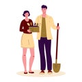 Young woman with seedlings of flowers and a young man with a shovel. Farmers gardeners are going to plant plants. Vector