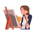 Young Woman in Self-isolation with Brush and Palette Drawing Picture with Easel Vector Illustration