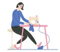 Young woman sewing on an industrial sewing machine. Fashion designer needlewoman or seamstress at work. Vector cartoon