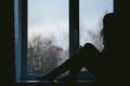 Young woman sexually sits on a window sill closeup