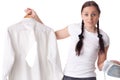 Young woman with shirt and iron.