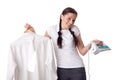 Young woman with shirt and iron.