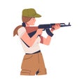 Young woman with shogun aiming at target. Woman soldier holding gun and training in tactical shooting cartoon vector