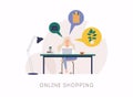 Young woman shop online using laptop. Vector Concept Marketing and Digital marketing