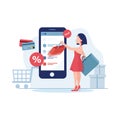 Young woman shop online using smartphone. Flat  design with e-commerce and online shopping icons and elements for mobile sto Royalty Free Stock Photo