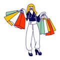 Young Woman Shopaholic Character Stand with Many Colorful Shopping Bags in Hands. Girl Shopper with Bad Habit