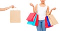 Young woman shopping with afro hair. Collage of Happy african american girl with shopping bags isolated on white background. Copy Royalty Free Stock Photo