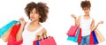 Young woman shopping with afro hair. Collage of Happy african american girl with shopping bags isolated on white background. Copy Royalty Free Stock Photo