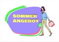 Young woman with shopping bags illustration with summer sale sign in the back. Text in German reads Summer Offer Royalty Free Stock Photo