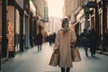 Young woman with shopping bags walking in the city. Shopping concept. A stylish Womens rear view walking with a shopping bag, AI