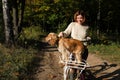 Young woman with short hair is riding a bicycle during autumn season in the forest with pet dog sitting in the basket.