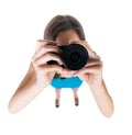 Young woman in shorts photographed something compact camera. Royalty Free Stock Photo