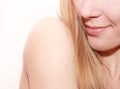 Young woman shoulder on white background