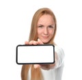 Young woman show display of new mobile cell phone with black screen Royalty Free Stock Photo