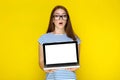 Woman showing blank laptop screen Royalty Free Stock Photo