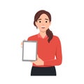 Young woman showing blank no-name tablet pc monito. Flat vector Royalty Free Stock Photo
