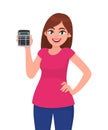 Young woman showing digital screen calculator. Trendy girl holding calculating electronic machine. Female character illustration.