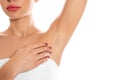 Young woman showing hairy armpit on white, closeup. Epilation procedure Royalty Free Stock Photo