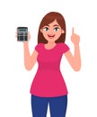 Young woman showing, holding calculator and pointing finger up. Trendy girl gesturing hand. Female character design illustration. Royalty Free Stock Photo