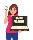 Young woman showing magnifying glass. Girl holding briefcase full of cash, money, currency notes. Female character design. Royalty Free Stock Photo