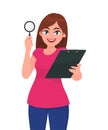 Young woman showing magnifying glass. Girl holding clipboard, file, report in hand. Female character design illustration.