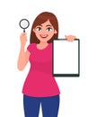 Young woman showing magnifying glass. Girl holding clipboard, file, report in hand. Female character design illustration.