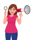 Young woman showing magnifying glass. Girl holding megaphone or loudspeaker in hand. Female character design illustration. Royalty Free Stock Photo