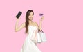 Young woman showing mobile phone and credit card with shopping online concept Royalty Free Stock Photo