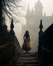 A young woman shrouded in a mysterious fog as she leads the way toward a castle in the distance