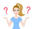 A young woman shrugging with `I don`t know` expression on her face. Question marks. Vector illustration. Puzzled girl gesturing do