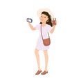 Young Woman Sightseeing and Photographing, Tourist Girl Visiting New Countries and Travelling on Summer Vacation Cartoon Royalty Free Stock Photo