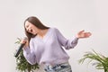 Young woman sing at home. Karaoke black microphone. House lyrics dance.