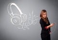 young woman singing and listening to music with abstract headphone Royalty Free Stock Photo