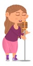 Young woman singing in mic. Cartoon karaoke singer Royalty Free Stock Photo