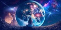 young woman sit on earth and watch big moon on space night starry sky flares esoteric universe Royalty Free Stock Photo