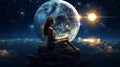 young woman sit on mountains and wath starry sky and sunset ,planet fall ,surrealism fantasyand man