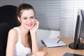 young woman sit at office work place smile happy and beauty Royalty Free Stock Photo