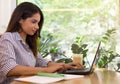 Young woman siting at cafe drinking coffee and working on laptop