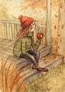 Young woman sits and drink warm tea or coffee, wearing green cozy sweater and red knitted cap. Lagom and hygge concept