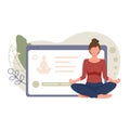 Young woman sits in lotus position and meditates against background of smartphone