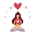 A young woman sits in a lotus position and meditation with love.