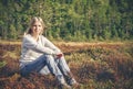 Young Woman sitting alone walking outdoor Travel Lifestyle