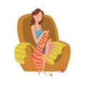 Young Woman Sitting in Armchair and Knitting, Girl in Everyday Life Vector Illustration Royalty Free Stock Photo