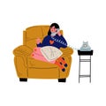 Young Woman Sitting in Armchair and Talking on Retro Phone, Girl Spending Weekend at Home and Relaxing Vector