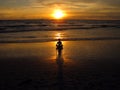 Young woman sitting on the beach, silhouette at sunset. Young woman practicing yoga outdoors. Harmony and meditation concept. Royalty Free Stock Photo