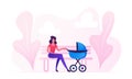 Young Woman Sitting on Bench with Baby Stroller Lulling Child in City Park. Mother Walking with Newborn Kid Spending Time Outdoors