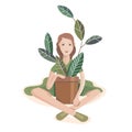 Young woman sitting with big flowerpot. Lifestyle and hobby. illustration can be used for gardening, home planting