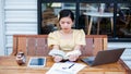 Young woman sitting in a cafe with her laptop, Stressful for work Royalty Free Stock Photo