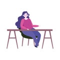 Young woman sitting on chair with desk furniture isolated icon design